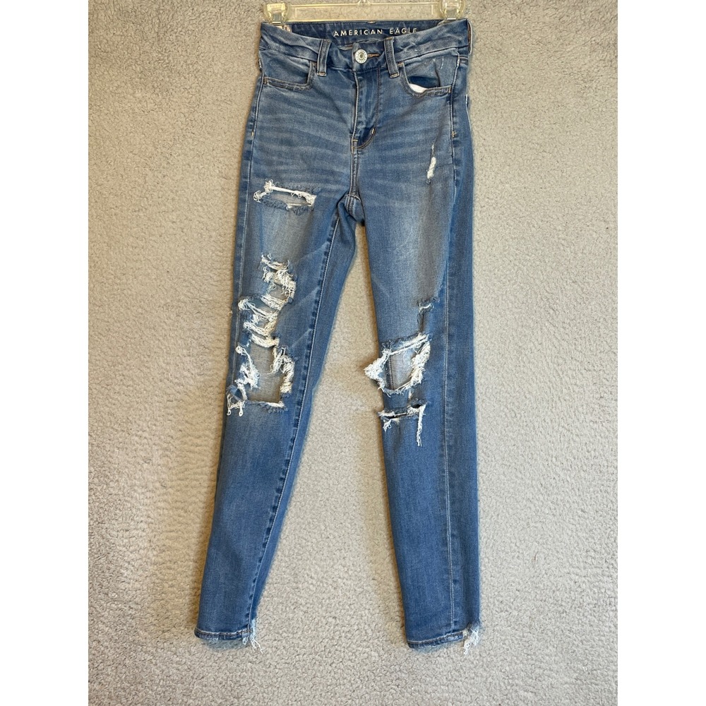 American Eagle Hi Rise Jegging Distressed Ripped Stretch Jeans Y2K Casual Denim